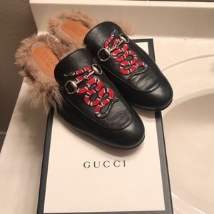 Mens Gucci Fur Loafers Snake Leather Slip On